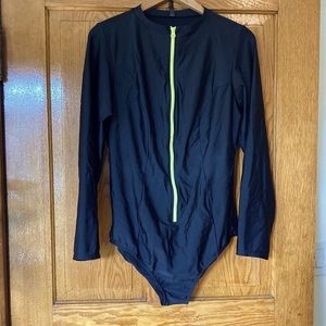 Torrid Black Long Sleeve One Piece Swimsuit with Neon Green Front Zipper Size 2X